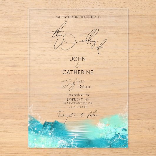 Blue Watercolor Ocean Acrylic Wedding Invitation (Recto)