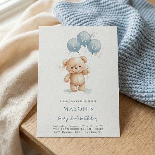 Blue Watercolor Teddy Bear 2nd Birthday Invitation