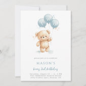 Blue Watercolor Teddy Bear 2nd Birthday Invitation (Devant)
