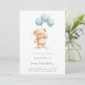 Blue Watercolor Teddy Bear 2nd Birthday Invitation (Debout devant)