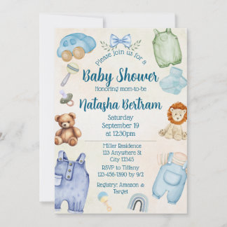 Blue Watercolor Toys & Clothes Baby Shower Kaart