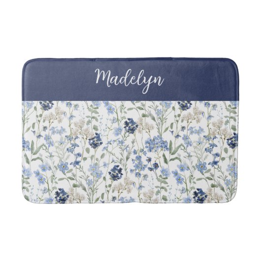 Blue Watercolor Wildflower Monogram Name Badmat (Voorkant)