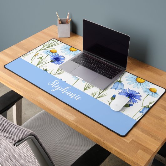 Blue Watercolor Wildflower Personalized Bureaumat