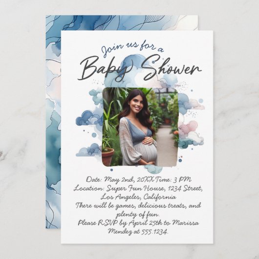 Blue waterverf aangepaste foto baby shower script kaart (Voorkant / Achterkant)