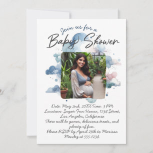 Blue waterverf aangepaste foto baby shower script kaart
