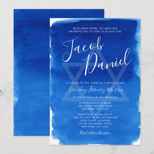 Blue Waterverf Bar Mitzvah Kaart (Voorkant / Achterkant)