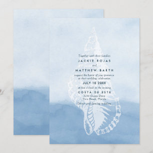 Blue Waterverf Beach Seashell Wedding Kaart