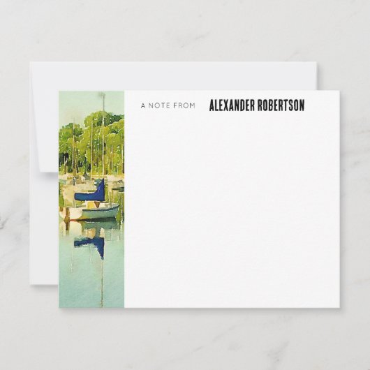 Blue Waterverf boat Scene Flat Note Card Notitiekaartje (Voorkant)