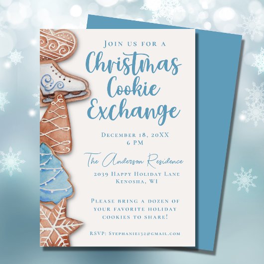 Blue Waterverf Christmas Cookie Exchange Kaart