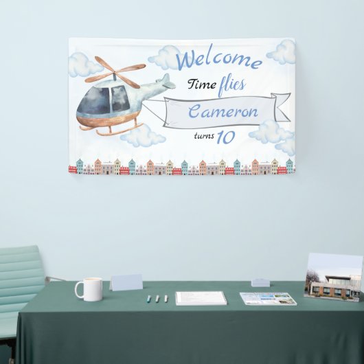 Blue Waterverf City Helikopter Verjaardag Spandoek (Beurs)