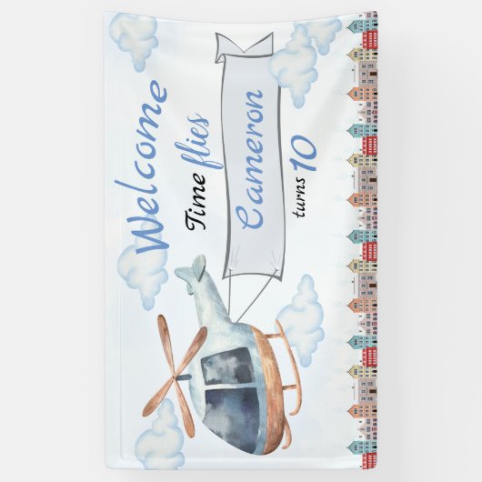 Blue Waterverf City Helikopter Verjaardag Spandoek (Verticaal)