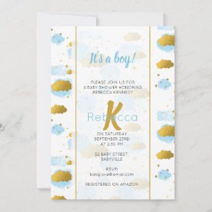 Blue Waterverf Clouds Gold Stars Sky Baby shower Kaart