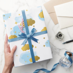 Blue Waterverf Clouds Gold Stars Sky Cadeaupapier
