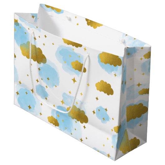 Blue Waterverf Clouds Gold Stars Sky Groot Cadeauzakje (Voorkant Gekanteld)