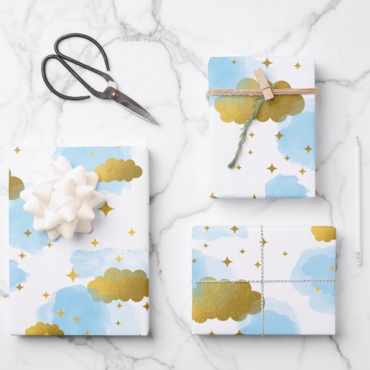Blue Waterverf Clouds Gold Stars Sky Inpakpapier Vel (Voorkant)