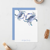 Blue Waterverf Crab - Speciaal ontwerp Notitiekaartje (Voorkant / Achterkant in situ)