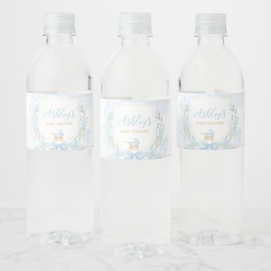 Blue Waterverf Crest Baby shower Waterfles Etiket (Flessen)