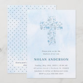 Blue Waterverf Cross in Calligraphy Baptism Boy Kaart (Voorkant / Achterkant)