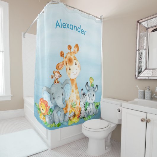 Blue Waterverf Cute Safari Oerwouden Douchegordijn (In situ)