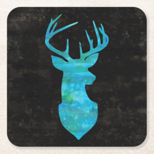Blue Waterverf Deer Silhouette Vierkante Kartonnen Onderzetter