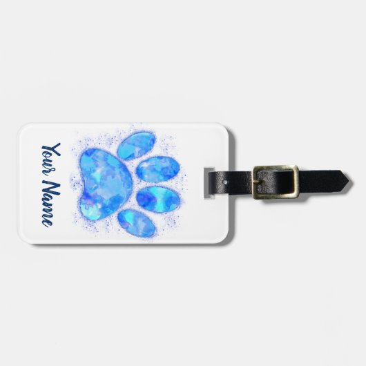 Blue Waterverf Dog Paw Print Aangepaste naam Bagagelabel (Voorkant horizontaal)