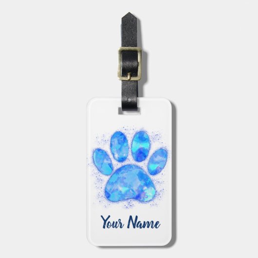 Blue Waterverf Dog Paw Print Aangepaste naam Bagagelabel (Voorkant verticaal)