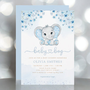 Blue Waterverf Floral Elephant Boy Baby shower Kaart