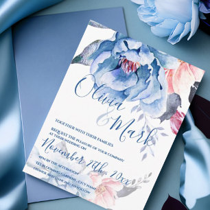 Blue Waterverf Floral Script Wedding Briefkaart
