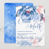 Blue Waterverf Floral Script Wedding Kaart (Voorkant / Achterkant)