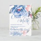 Blue Waterverf Floral Script Wedding Kaart (Staand voorkant)