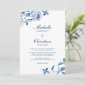Blue Waterverf Floral Wedding Invitation Kaart (Staand voorkant)