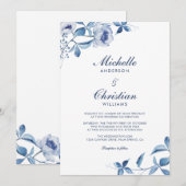 Blue Waterverf Floral Wedding Invitation Kaart (Voorkant / Achterkant)