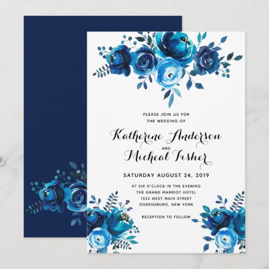 Blue Waterverf Floral Wedding Invitation Kaart (Voorkant / Achterkant)