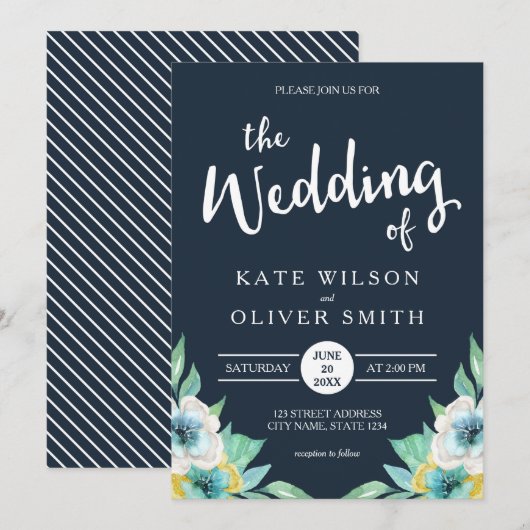 Blue Waterverf Floral Wedding Invitation Kaart (Voorkant / Achterkant)