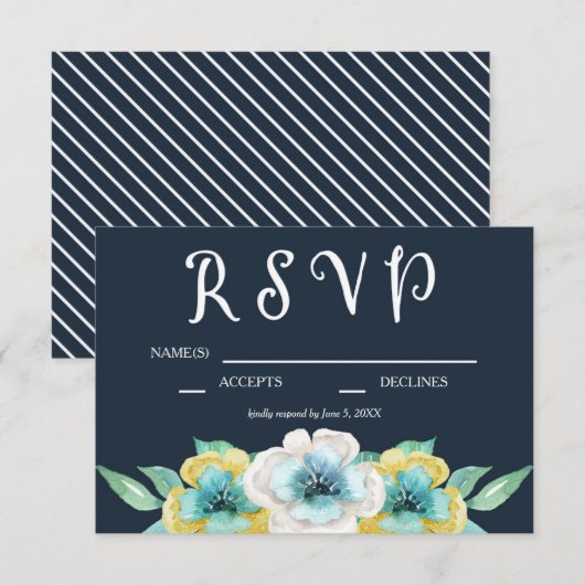 Blue Waterverf Floral Wedding RSVP (Voorkant / Achterkant)