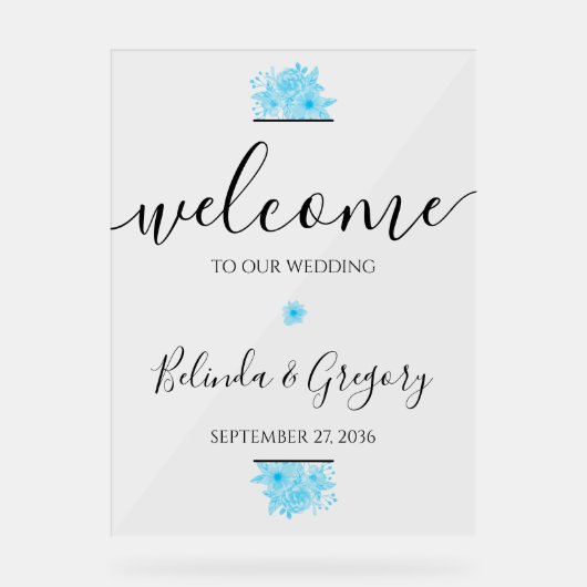 Blue Waterverf Floral Wedding Welcome Sign Acryl Bord (Voorkant)