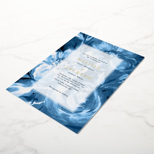 Blue Waterverf flower Wedding Folie Uitnodiging (Gedraaid)