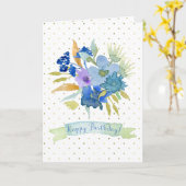 Blue Waterverf Flowers Birthday Card, Gold Stippen Kaart (Gele Bloem)