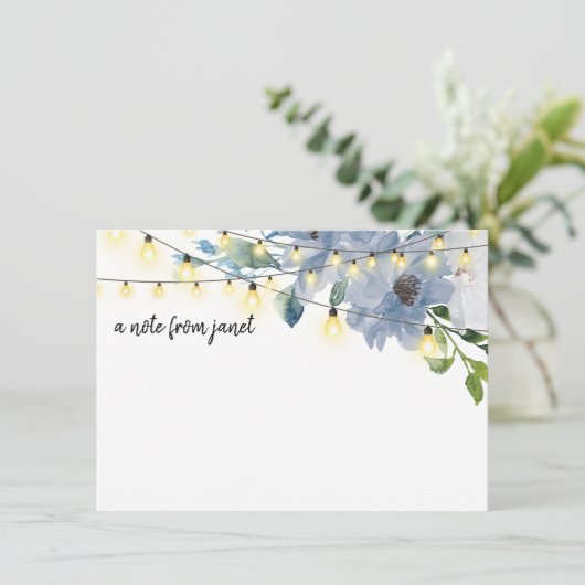 Blue Waterverf Flowers & String Lights Note Card (Staand voorkant)
