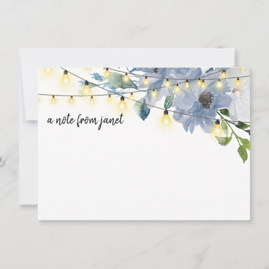 Blue Waterverf Flowers & String Lights Note Card (Voorkant)