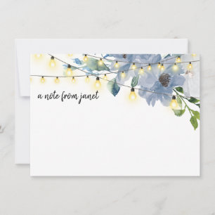 Blue Waterverf Flowers & String Lights Note Card