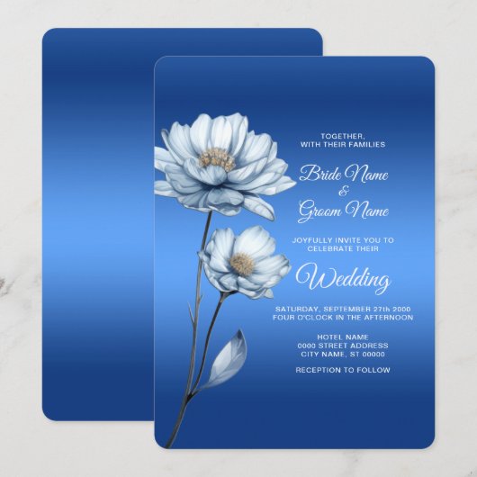 Blue Waterverf Flowers Wedding Invitation Kaart (Voorkant / Achterkant)