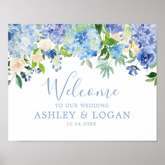 Blue Waterverf Flowers Wedding Welcome Poster (Voorkant)