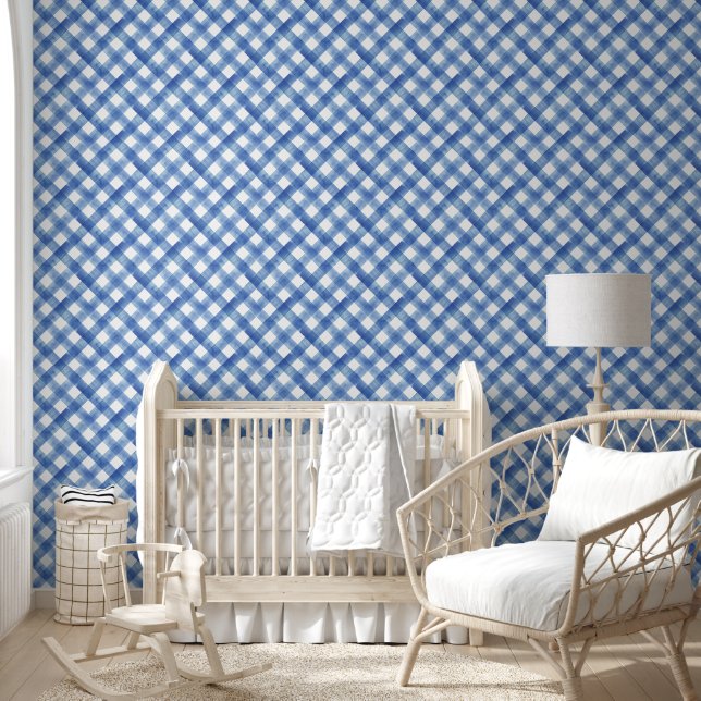 Blue Waterverf Gingham Behang (Kinderen)