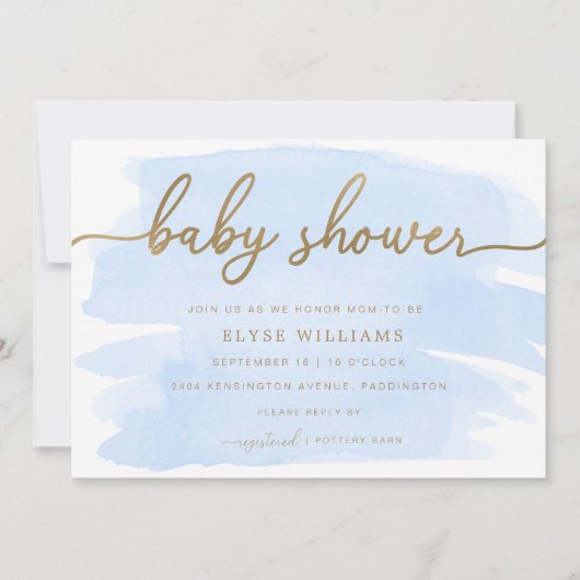 Blue Waterverf Gold Baby shower Invitation Kaart (Voorkant)