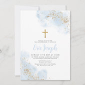 Blue Waterverf Gold Cross Boy Christening Baptisme Kaart (Voorkant)