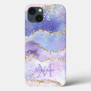 Blue Waterverf Gold Glitter Agate - Aangepast iPhone 13 Hoesje
