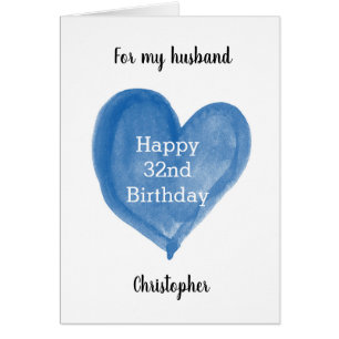 Blue Waterverf Heart 32nd Birthday