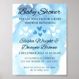 Blue Waterverf Heart Baby shower Briefkaart Poster