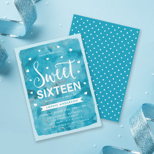 Blue Waterverf Hearts Sweet 16 verjaardagsfeestje Kaart